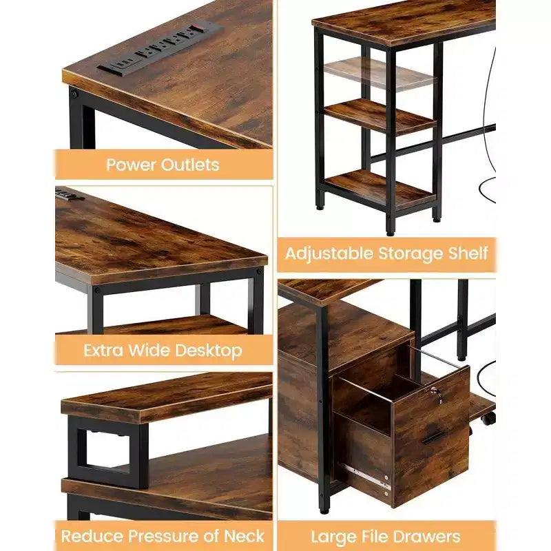 Bureau d'angle en L de 170 cm avec prise de courant – 169,9 cm L x 120,1 cm P x 88,6 cm H, Cadre métallique