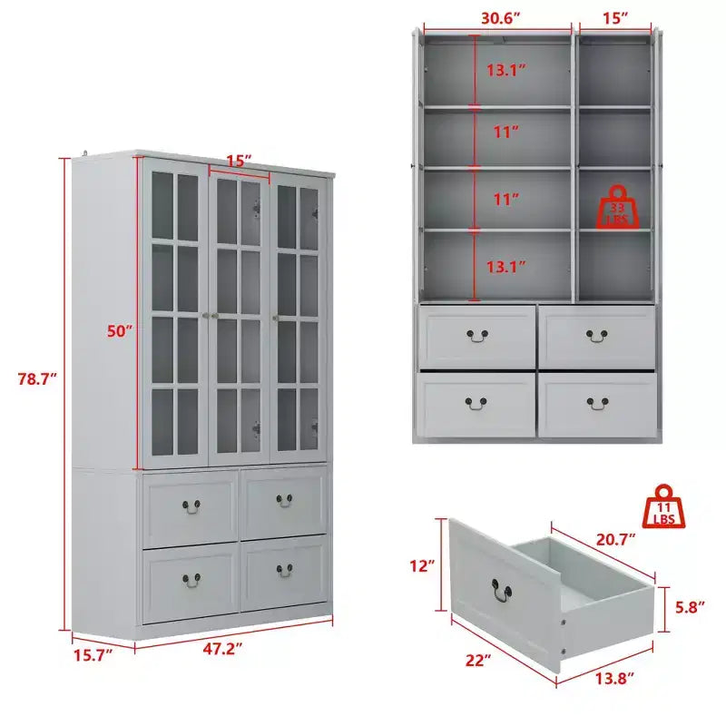 Vitrine en verre avec 4 tiroirs, 8 étagères et intérieur réglable, Gris clair – 120 cm (L) x 40 cm (P) x 200 cm (H)
