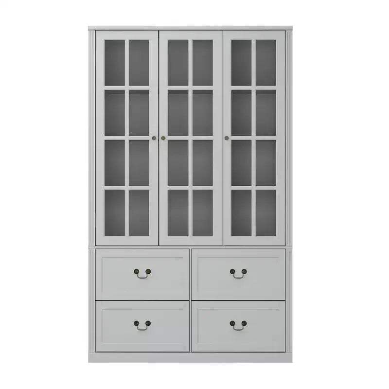 Vitrine en verre avec 4 tiroirs, 8 étagères et intérieur réglable, Gris clair – 120 cm (L) x 40 cm (P) x 200 cm (H)