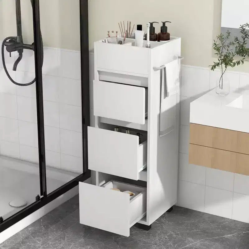 Meuble de rangement de salle de bain avec 3 tiroirs, 4 compartiments et étagère porte-serviettes latérale, Blanc – 30,5 cm (L) x 30,5 cm (l) x 90,2 cm (H)