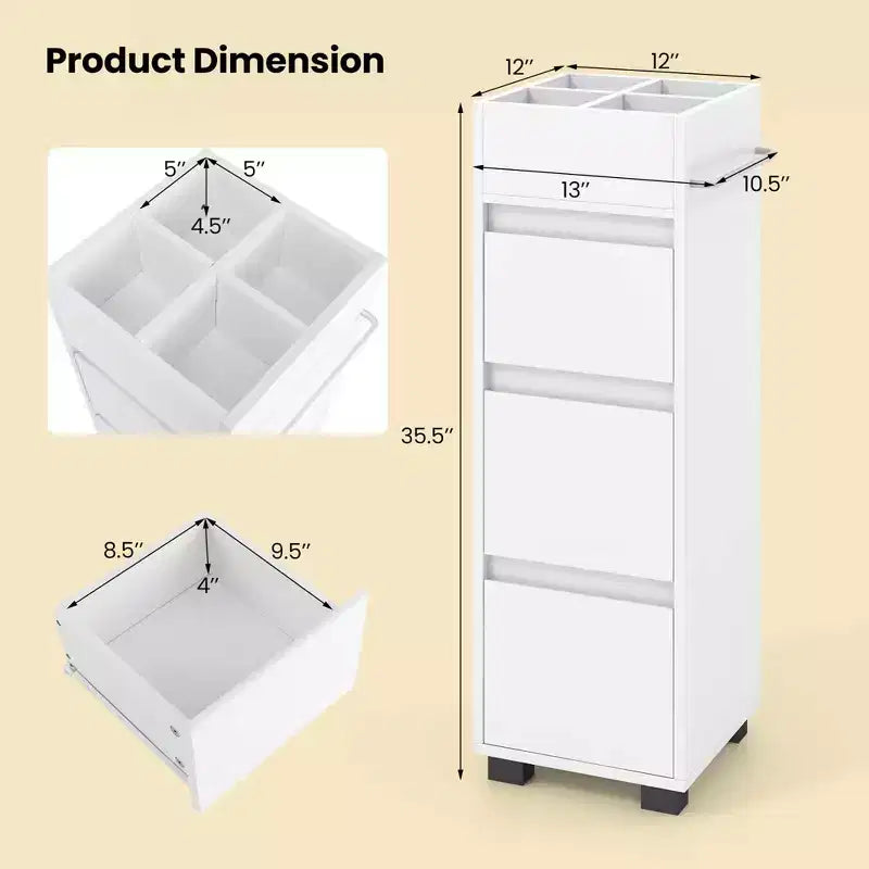 Meuble de rangement de salle de bain avec 3 tiroirs, 4 compartiments et étagère porte-serviettes latérale, Blanc – 30,5 cm (L) x 30,5 cm (l) x 90,2 cm (H)