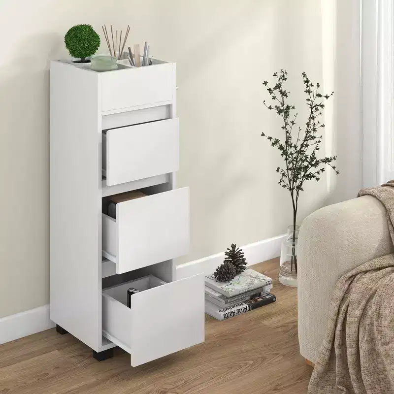 Meuble de rangement de salle de bain avec 3 tiroirs, 4 compartiments et étagère porte-serviettes latérale, Blanc – 30,5 cm (L) x 30,5 cm (l) x 90,2 cm (H)