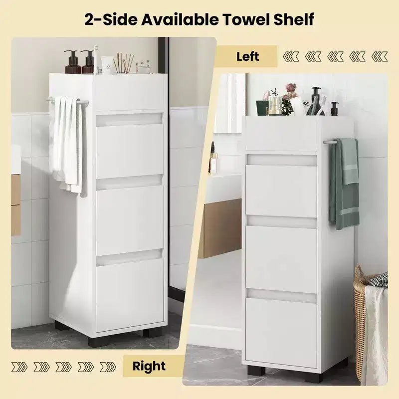 Meuble de rangement de salle de bain avec 3 tiroirs, 4 compartiments et étagère porte-serviettes latérale, Blanc – 30,5 cm (L) x 30,5 cm (l) x 90,2 cm (H)