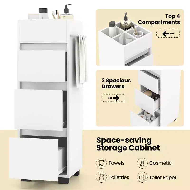 Meuble de rangement de salle de bain avec 3 tiroirs, 4 compartiments et étagère porte-serviettes latérale, Blanc – 30,5 cm (L) x 30,5 cm (l) x 90,2 cm (H)