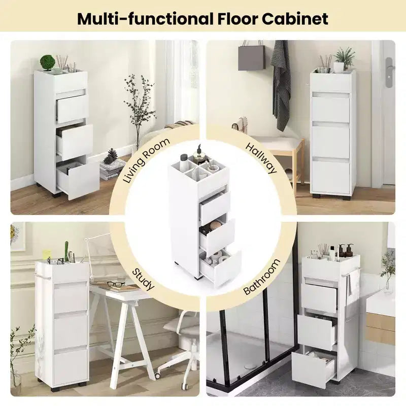 Meuble de rangement de salle de bain avec 3 tiroirs, 4 compartiments et étagère porte-serviettes latérale, Blanc – 30,5 cm (L) x 30,5 cm (l) x 90,2 cm (H)