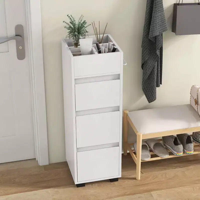 Meuble de rangement de salle de bain avec 3 tiroirs, 4 compartiments et étagère porte-serviettes latérale, Blanc – 30,5 cm (L) x 30,5 cm (l) x 90,2 cm (H)