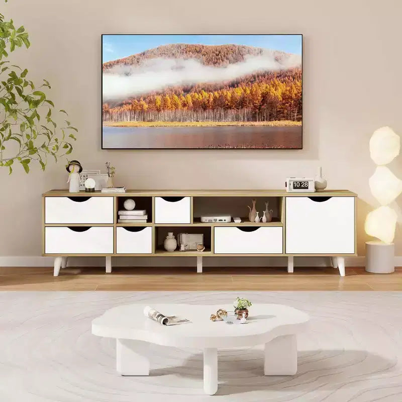 Meuble TV pour téléviseurs jusqu'à 65 po avec 5 tiroirs et 3 étagères ouvertes