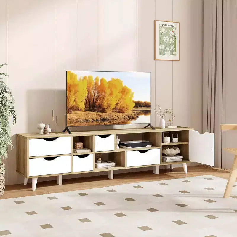 Meuble TV pour téléviseurs jusqu'à 65 po avec 5 tiroirs et 3 étagères ouvertes