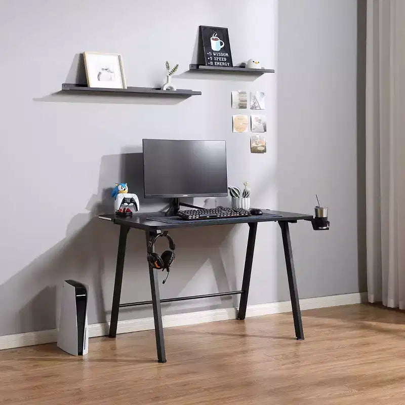 Bureau Gaming avec Lumières LED et Support Casque – 112 cm P x 70 cm L x 75 cm H, Cadre en Acier, Supporte 59 kg