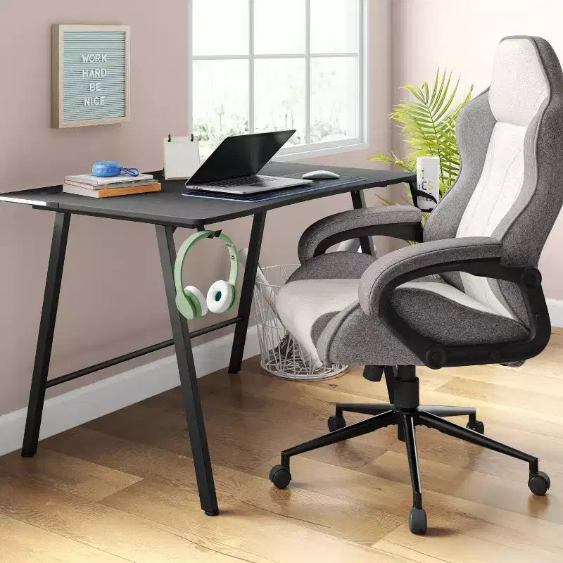 Bureau Gaming avec Lumières LED et Support Casque – 112 cm P x 70 cm L x 75 cm H, Cadre en Acier, Supporte 59 kg