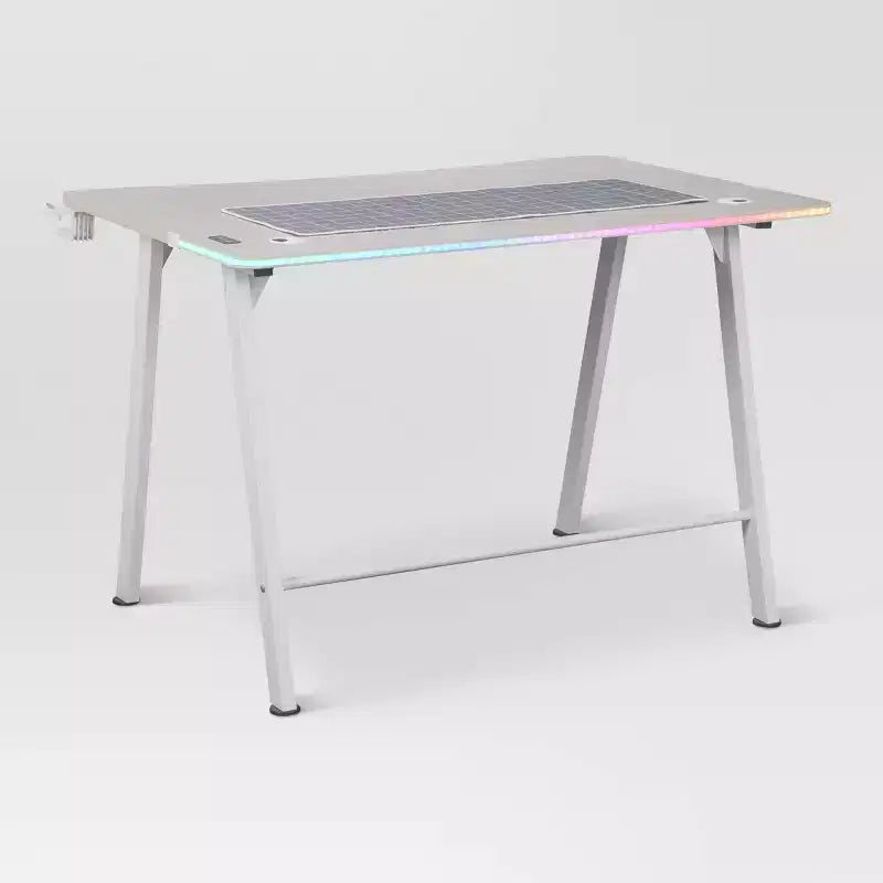 Bureau Gaming avec Lumières LED et Support Casque – 112 cm P x 70 cm L x 75 cm H, Cadre en Acier, Supporte 59 kg