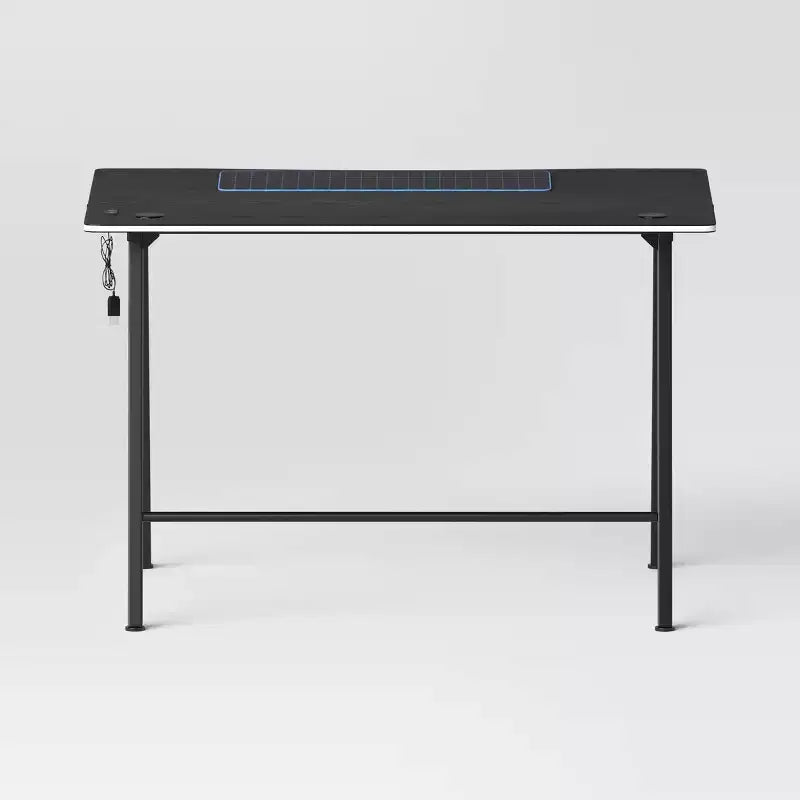 Bureau Gaming avec Lumières LED et Support Casque – 112 cm P x 70 cm L x 75 cm H, Cadre en Acier, Supporte 59 kg