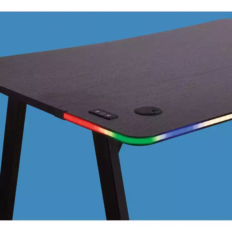 Bureau Gaming avec Lumières LED et Support Casque – 112 cm P x 70 cm L x 75 cm H, Cadre en Acier, Supporte 59 kg