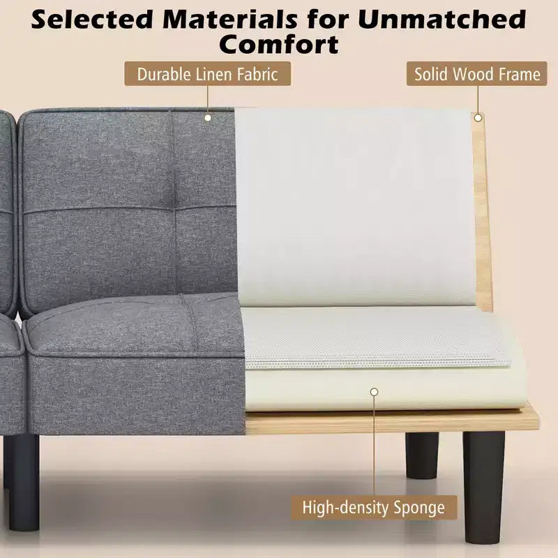 Canapé-Lit Futon Pliable Convertible, Dossier Réglable sur 6 Positions, Tissu Lin, Cadre en Bois Massif – 162,5 cm L x 87,6 cm l, Supporte 250 kg