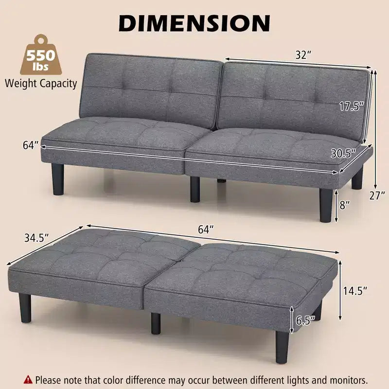 Canapé-Lit Futon Pliable Convertible, Dossier Réglable sur 6 Positions, Tissu Lin, Cadre en Bois Massif – 162,5 cm L x 87,6 cm l, Supporte 250 kg