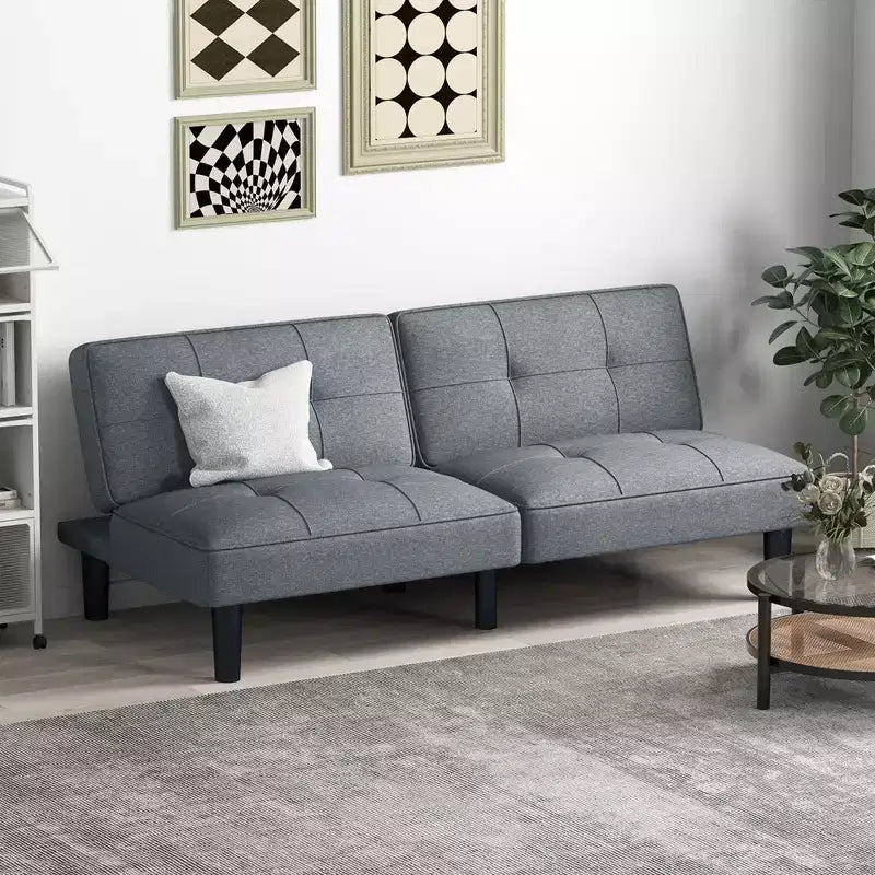 Canapé-Lit Futon Pliable Convertible, Dossier Réglable sur 6 Positions, Tissu Lin, Cadre en Bois Massif – 162,5 cm L x 87,6 cm l, Supporte 250 kg