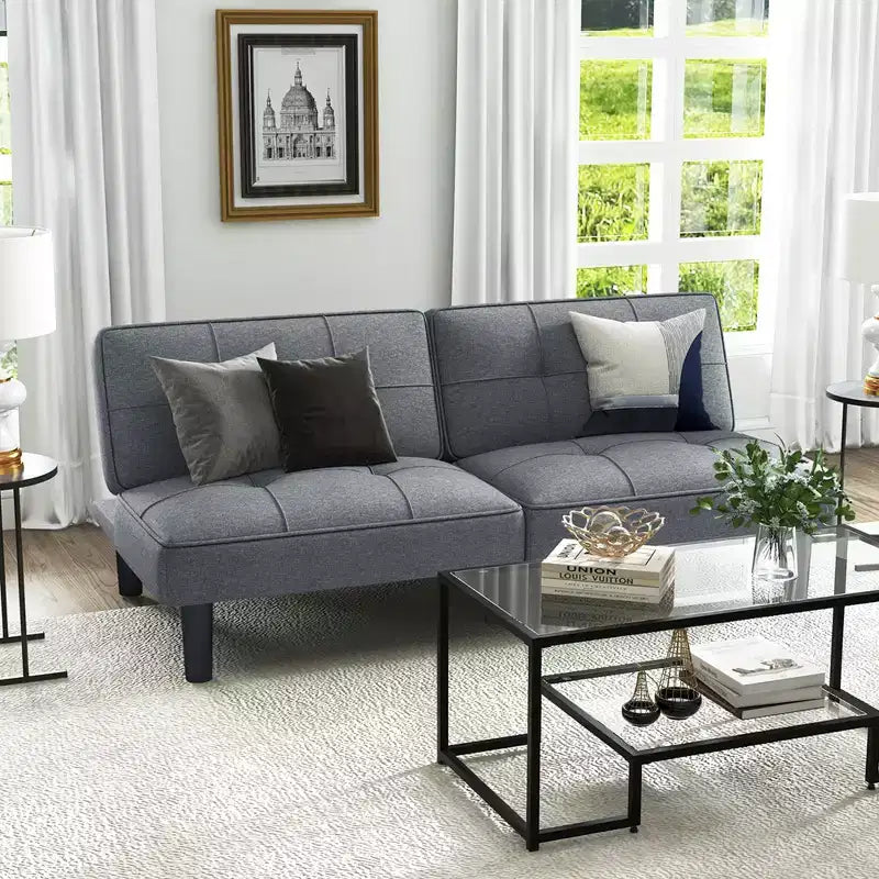 Canapé-Lit Futon Pliable Convertible, Dossier Réglable sur 6 Positions, Tissu Lin, Cadre en Bois Massif – 162,5 cm L x 87,6 cm l, Supporte 250 kg