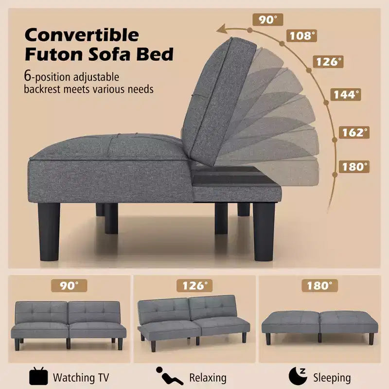 Canapé-Lit Futon Pliable Convertible, Dossier Réglable sur 6 Positions, Tissu Lin, Cadre en Bois Massif – 162,5 cm L x 87,6 cm l, Supporte 250 kg
