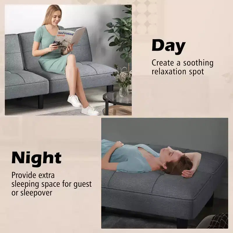Canapé-Lit Futon Pliable Convertible, Dossier Réglable sur 6 Positions, Tissu Lin, Cadre en Bois Massif – 162,5 cm L x 87,6 cm l, Supporte 250 kg