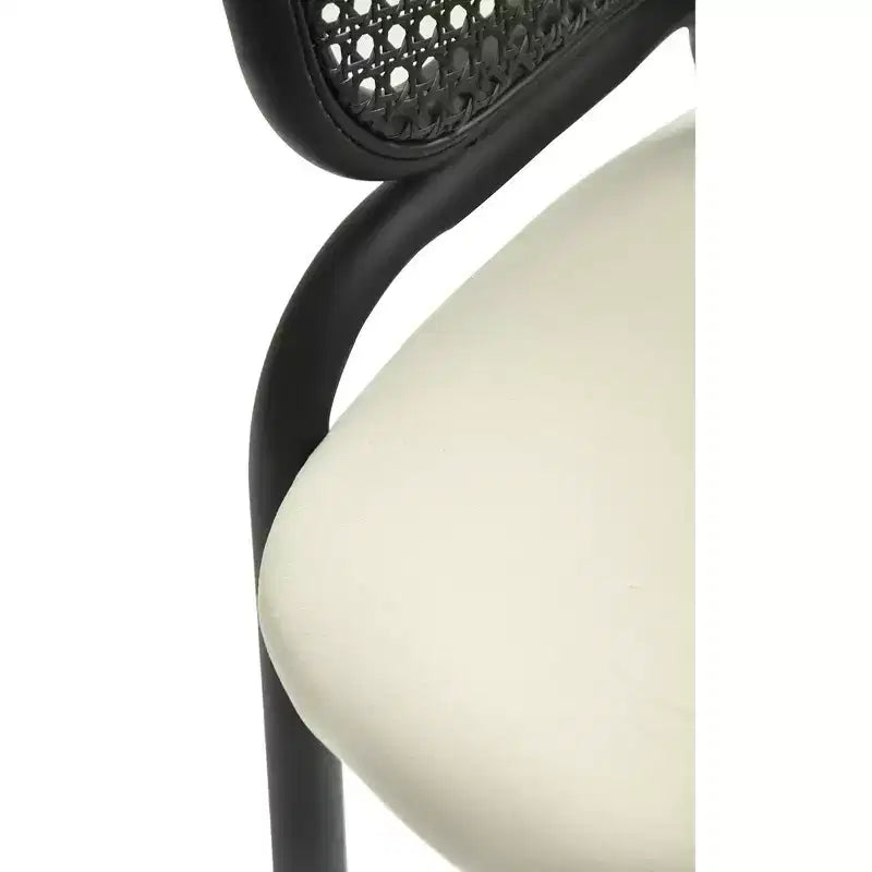 Chaise de salle à manger moderne avec dossier en rotin tissé, assise rembourrée et pieds en fer noir – 73,9 cm H x 55,9 cm L x 51,8 cm P, supporte 150 kg