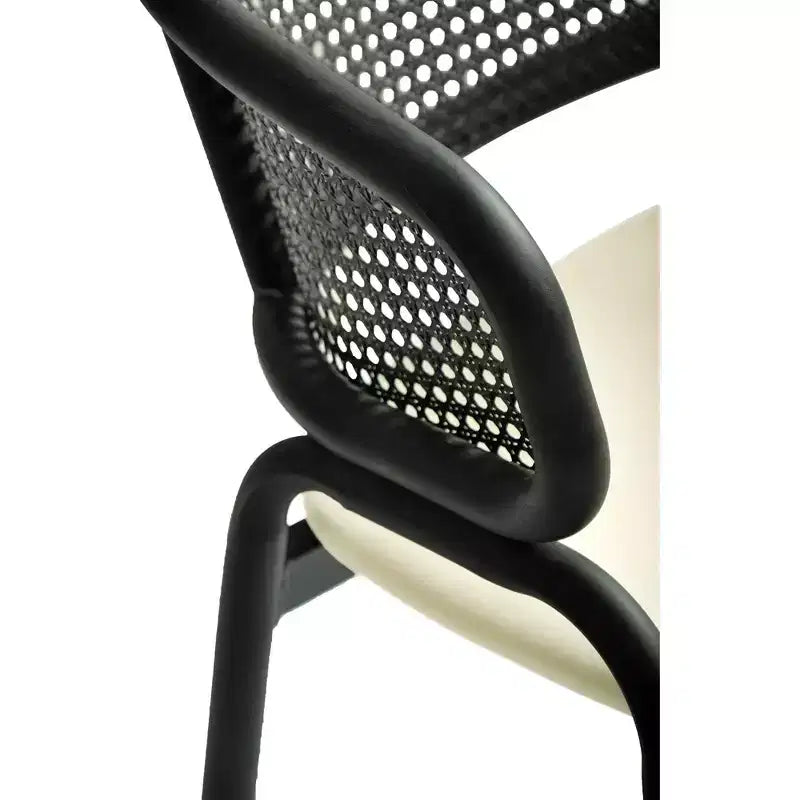 Chaise de salle à manger moderne avec dossier en rotin tissé, assise rembourrée et pieds en fer noir – 73,9 cm H x 55,9 cm L x 51,8 cm P, supporte 150 kg