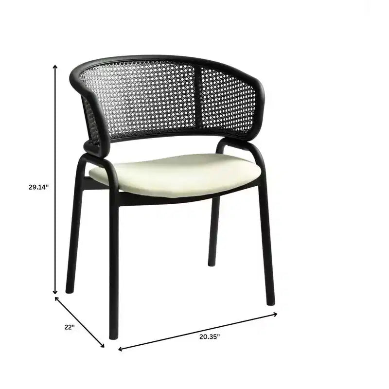 Chaise de salle à manger moderne avec dossier en rotin tissé, assise rembourrée et pieds en fer noir – 73,9 cm H x 55,9 cm L x 51,8 cm P, supporte 150 kg