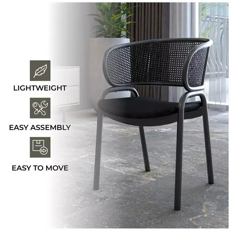 Chaise de salle à manger moderne avec dossier en rotin tissé, assise rembourrée et pieds en fer noir – 73,9 cm H x 55,9 cm L x 51,8 cm P, supporte 150 kg
