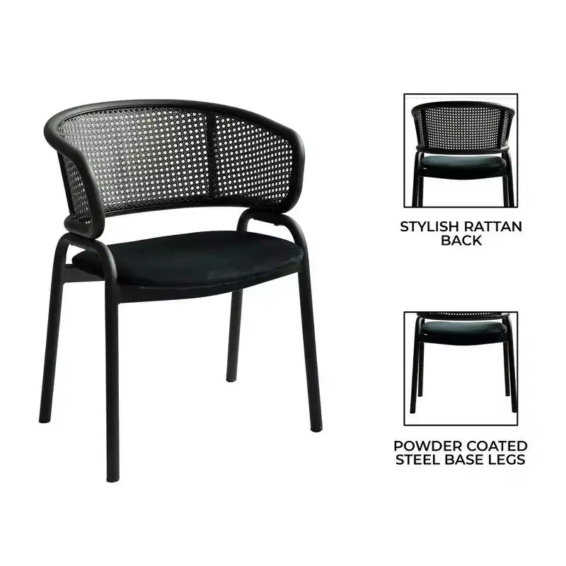Chaise de salle à manger moderne avec dossier en rotin tissé, assise rembourrée et pieds en fer noir – 73,9 cm H x 55,9 cm L x 51,8 cm P, supporte 150 kg