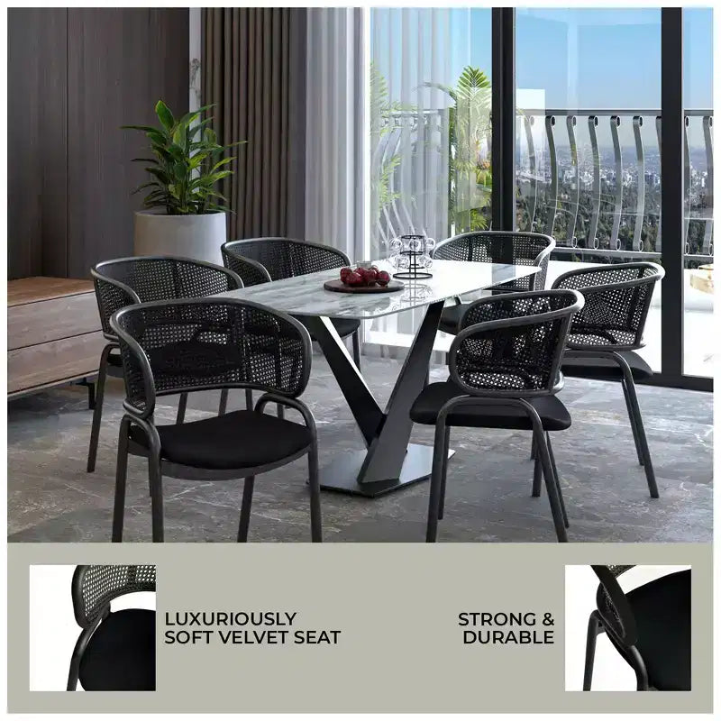 Chaise de salle à manger moderne avec dossier en rotin tissé, assise rembourrée et pieds en fer noir – 73,9 cm H x 55,9 cm L x 51,8 cm P, supporte 150 kg