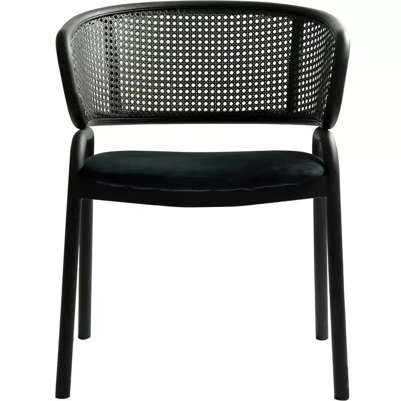 Chaise de salle à manger moderne avec dossier en rotin tissé, assise rembourrée et pieds en fer noir – 73,9 cm H x 55,9 cm L x 51,8 cm P, supporte 150 kg