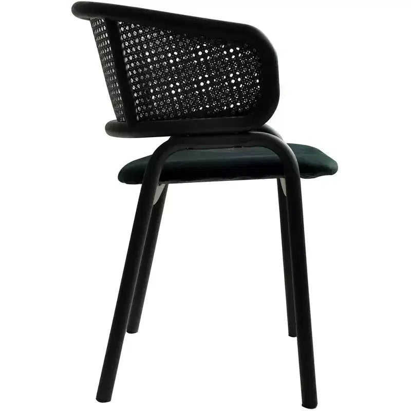 Chaise de salle à manger moderne avec dossier en rotin tissé, assise rembourrée et pieds en fer noir – 73,9 cm H x 55,9 cm L x 51,8 cm P, supporte 150 kg