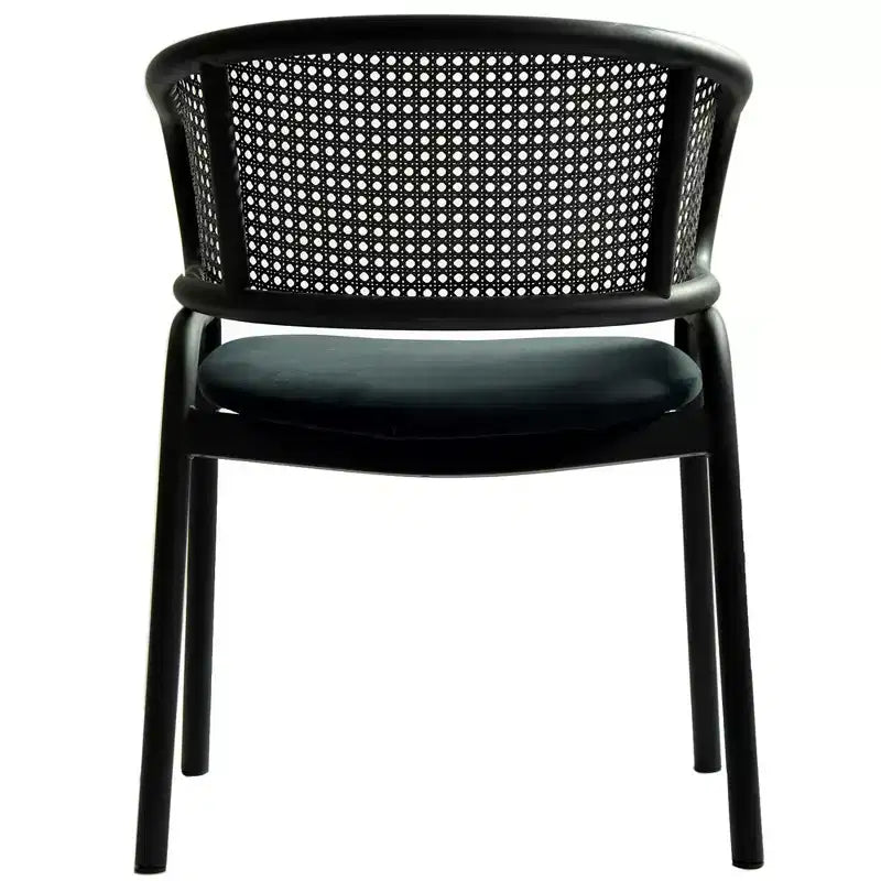 Chaise de salle à manger moderne avec dossier en rotin tissé, assise rembourrée et pieds en fer noir – 73,9 cm H x 55,9 cm L x 51,8 cm P, supporte 150 kg