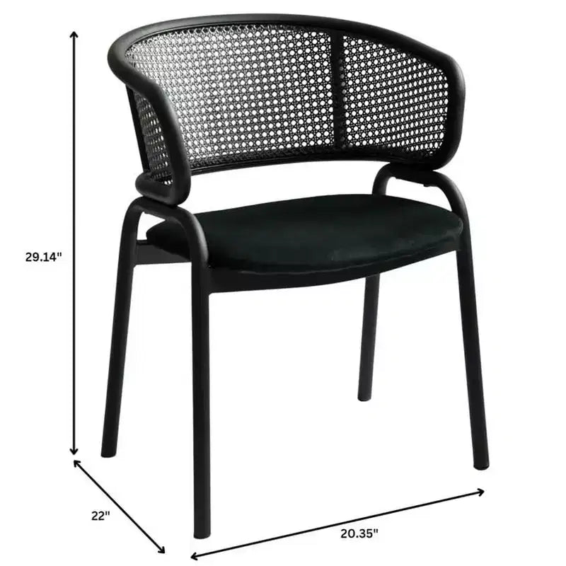 Chaise de salle à manger moderne avec dossier en rotin tissé, assise rembourrée et pieds en fer noir – 73,9 cm H x 55,9 cm L x 51,8 cm P, supporte 150 kg