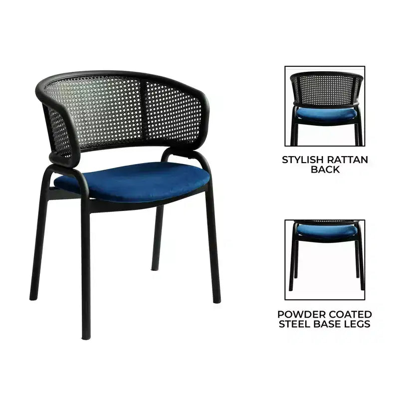 Chaise de salle à manger moderne avec dossier en rotin tissé, assise rembourrée et pieds en fer noir – 73,9 cm H x 55,9 cm L x 51,8 cm P, supporte 150 kg