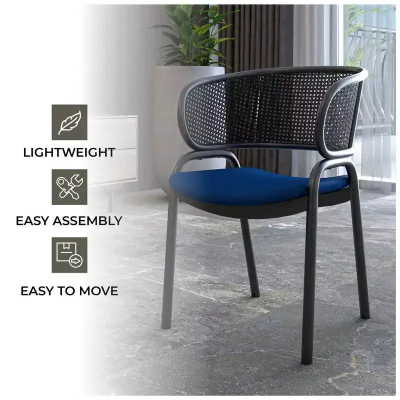 Chaise de salle à manger moderne avec dossier en rotin tissé, assise rembourrée et pieds en fer noir – 73,9 cm H x 55,9 cm L x 51,8 cm P, supporte 150 kg