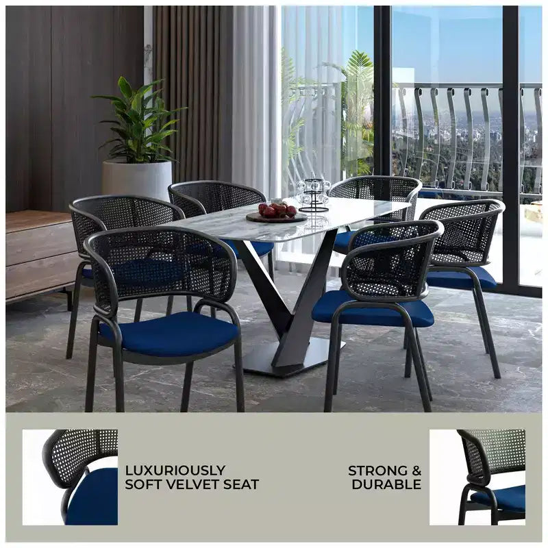 Chaise de salle à manger moderne avec dossier en rotin tissé, assise rembourrée et pieds en fer noir – 73,9 cm H x 55,9 cm L x 51,8 cm P, supporte 150 kg