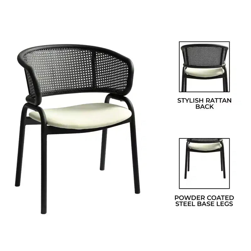 Chaise de salle à manger moderne avec dossier en rotin tissé, assise rembourrée et pieds en fer noir – 73,9 cm H x 55,9 cm L x 51,8 cm P, supporte 150 kg