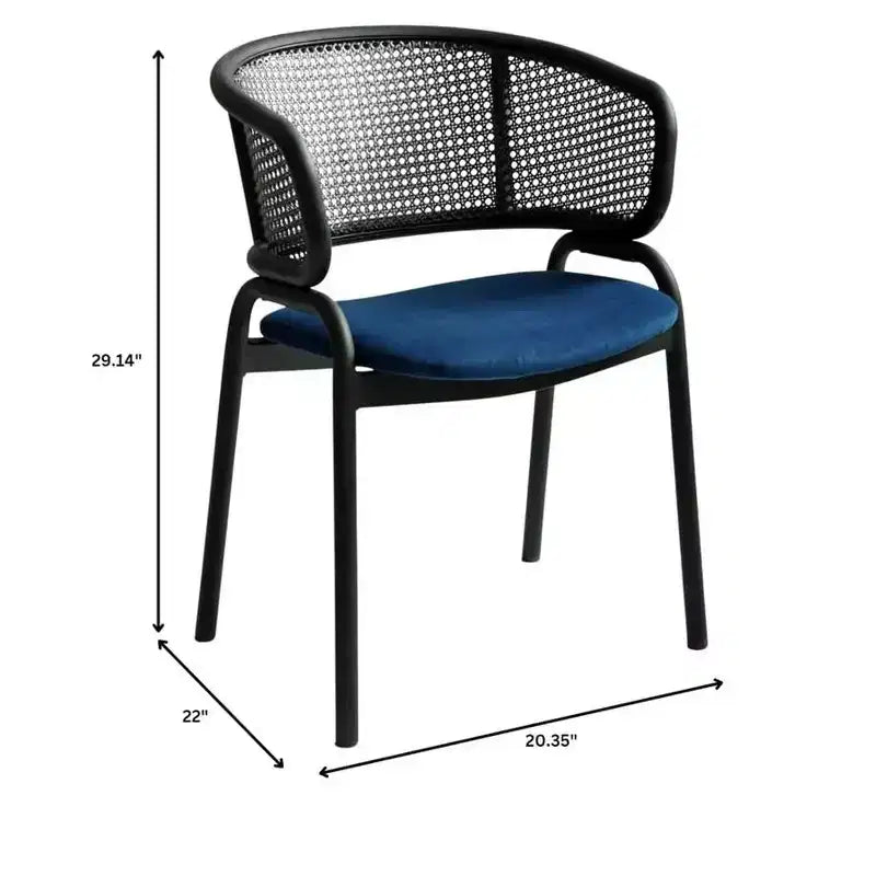 Chaise de salle à manger moderne avec dossier en rotin tissé, assise rembourrée et pieds en fer noir – 73,9 cm H x 55,9 cm L x 51,8 cm P, supporte 150 kg