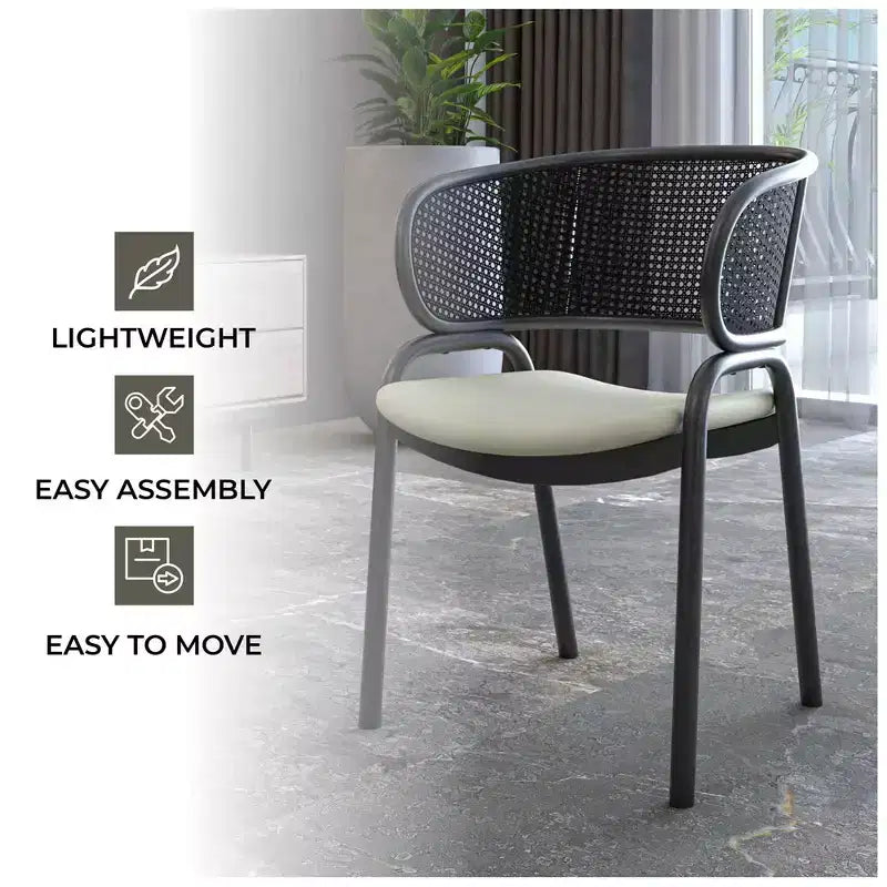Chaise de salle à manger moderne avec dossier en rotin tissé, assise rembourrée et pieds en fer noir – 73,9 cm H x 55,9 cm L x 51,8 cm P, supporte 150 kg