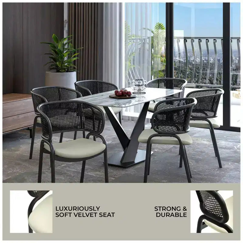 Chaise de salle à manger moderne avec dossier en rotin tissé, assise rembourrée et pieds en fer noir – 73,9 cm H x 55,9 cm L x 51,8 cm P, supporte 150 kg