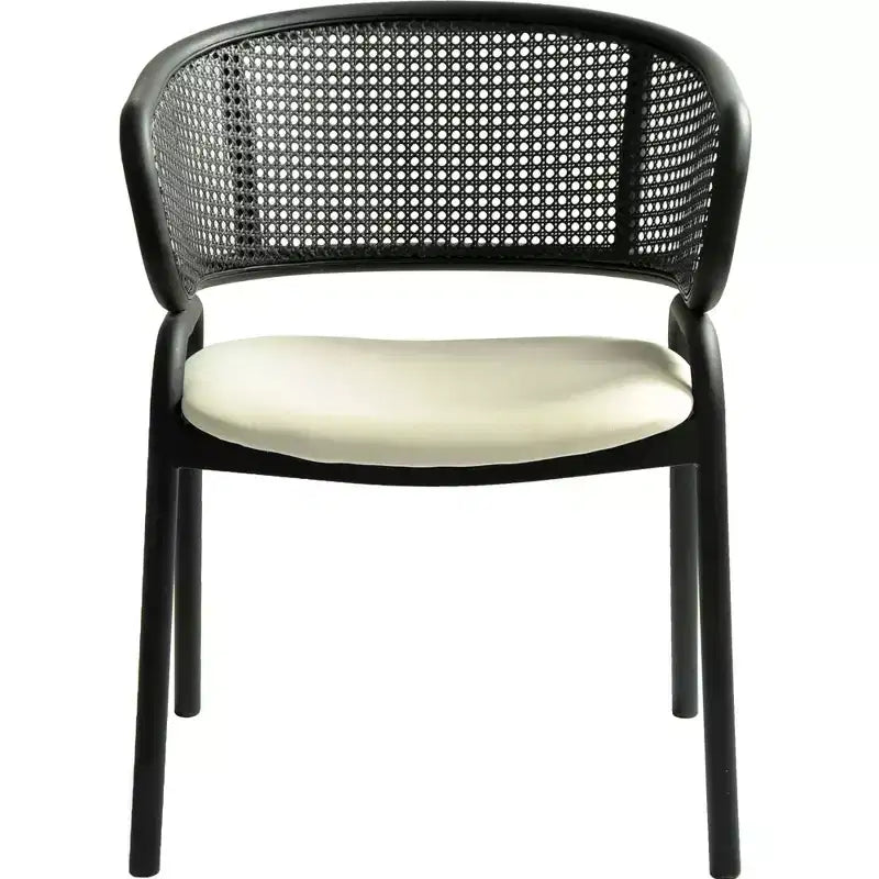 Chaise de salle à manger moderne avec dossier en rotin tissé, assise rembourrée et pieds en fer noir – 73,9 cm H x 55,9 cm L x 51,8 cm P, supporte 150 kg