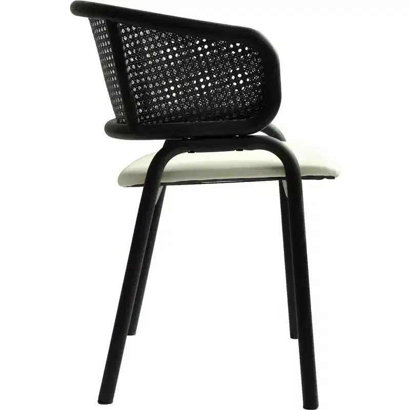 Chaise de salle à manger moderne avec dossier en rotin tissé, assise rembourrée et pieds en fer noir – 73,9 cm H x 55,9 cm L x 51,8 cm P, supporte 150 kg