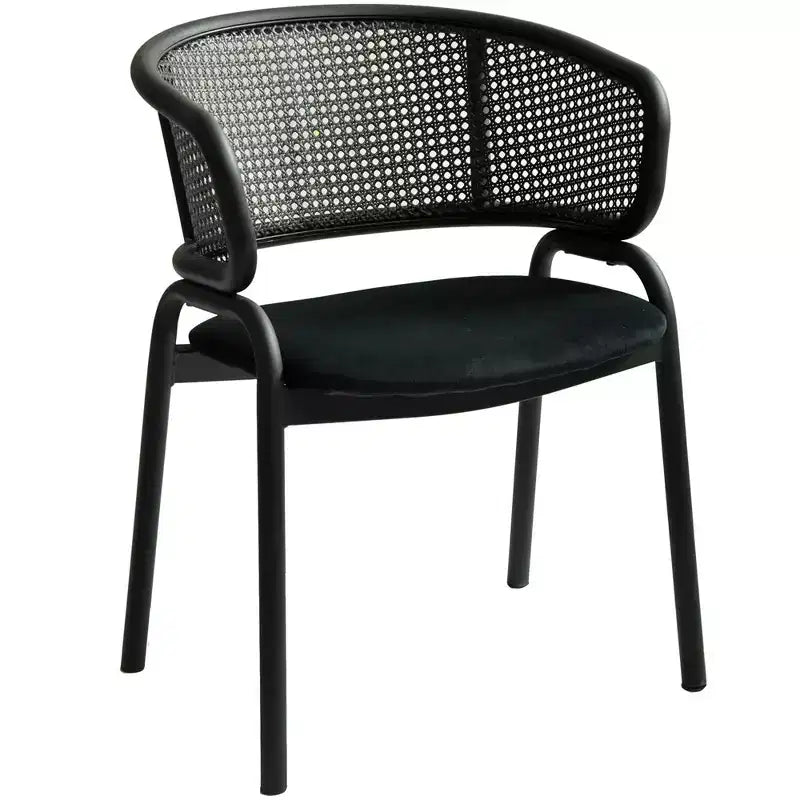 Chaise de salle à manger moderne avec dossier en rotin tissé, assise rembourrée et pieds en fer noir – 73,9 cm H x 55,9 cm L x 51,8 cm P, supporte 150 kg