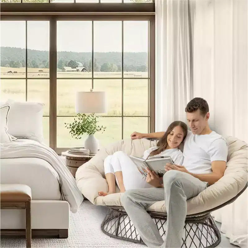 Fauteuil double Papasan, cadre en acier, coussin en polyester, 2 places – 150 cm (L) x 98 cm (H) x 81 cm (P), jusqu'à 120 kg