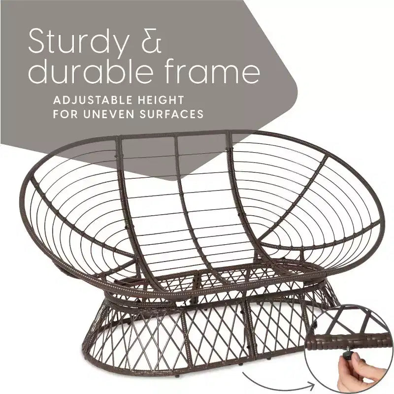 Fauteuil double Papasan, cadre en acier, coussin en polyester, 2 places – 150 cm (L) x 98 cm (H) x 81 cm (P), jusqu'à 120 kg