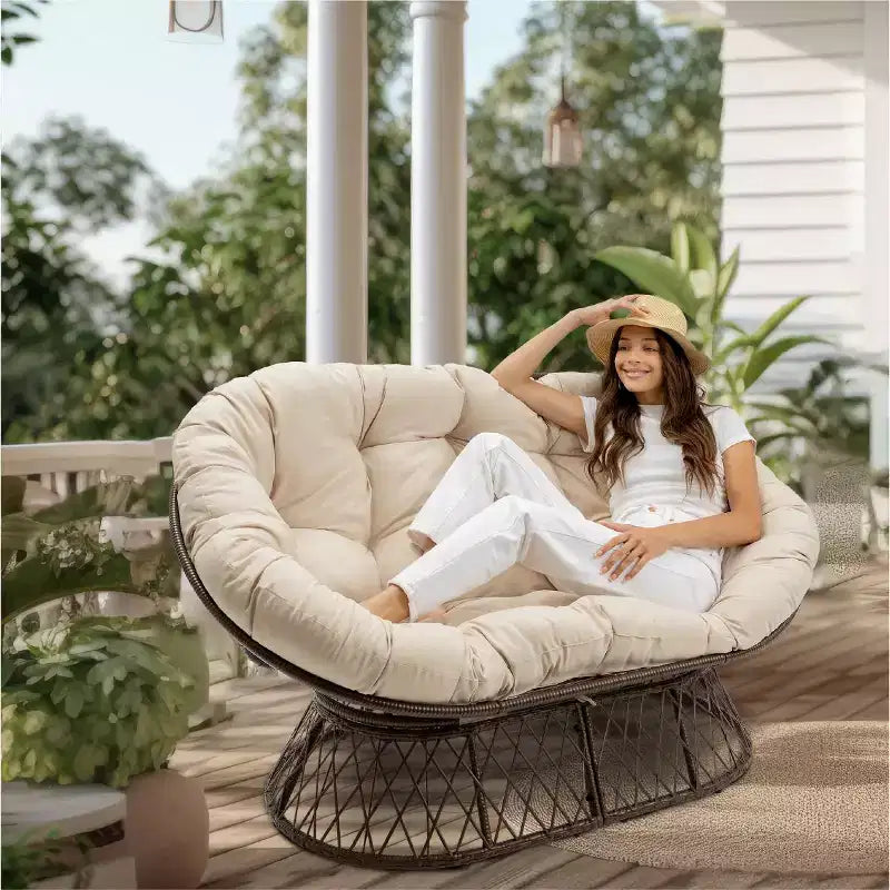 Fauteuil double Papasan, cadre en acier, coussin en polyester, 2 places – 150 cm (L) x 98 cm (H) x 81 cm (P), jusqu'à 120 kg